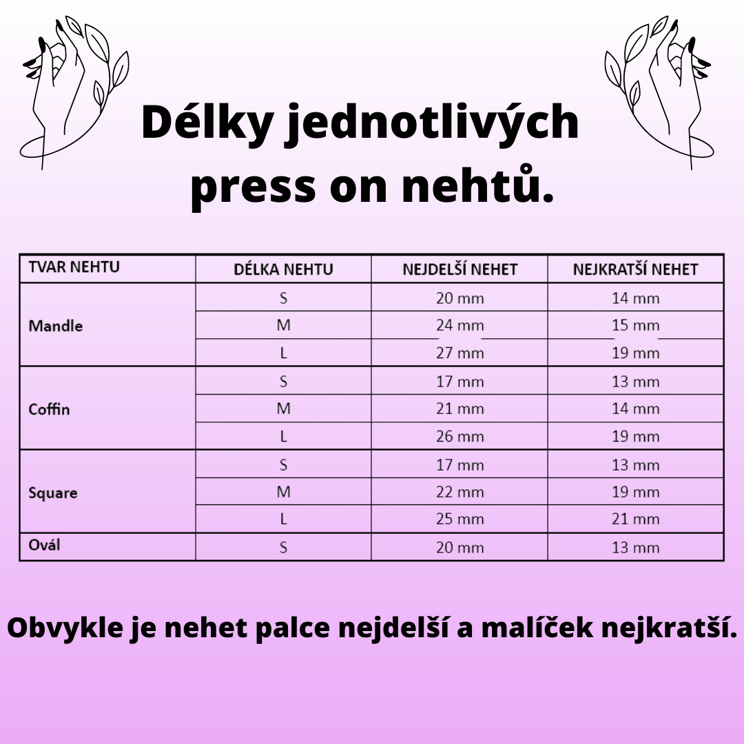 Délky jednotlivých press on nehtů.